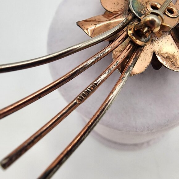 Vintage Sterling Silver with Rose Gold Vermeil Plum Rhinestone Floral Brooch 40s - Picture 7 of 12